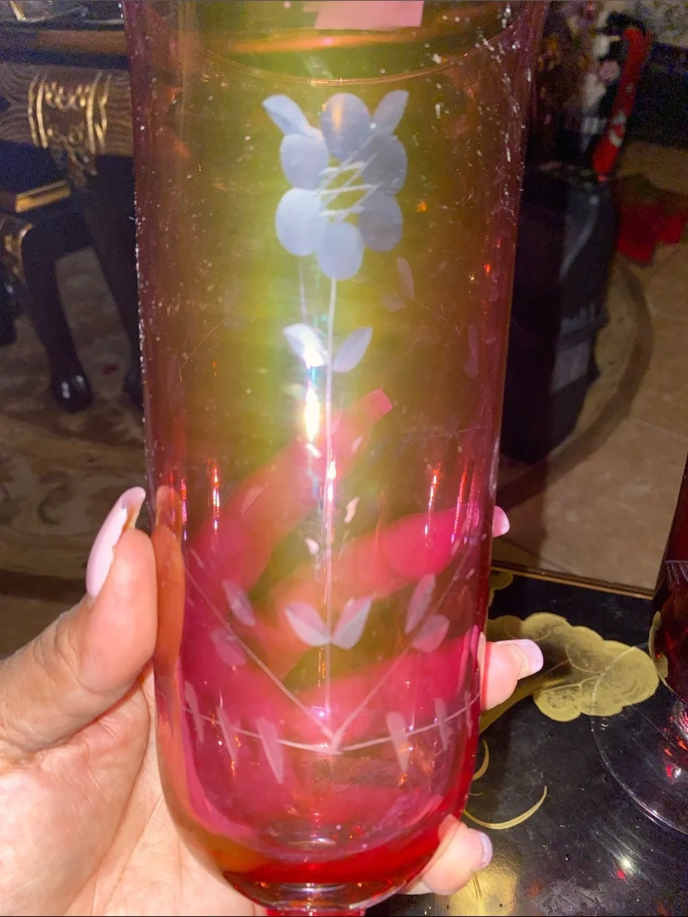 Vintage Hand-Etched Ruby and Rose Pink Glass Vases - Elegant Floral Design